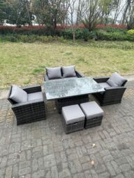 Fimous Rattan Outdoor Furniture Adjustable Rising Lifting Rectangle Dining Table Chairs Love Sofa Sets 6 Seater in Dark Grey - thumbnail 2