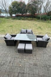 Fimous Rattan Outdoor Furniture Adjustable Rising Lifting Rectangle Dining Table Chairs Love Sofa Sets 6 Seater in Dark Grey - thumbnail 1