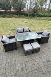 Fimous Rattan Outdoor Furniture Adjustable Rising Lifting Rectangle Dining Table Chairs Love Sofa Sets 6 Seater in Dark Grey - thumbnail 3