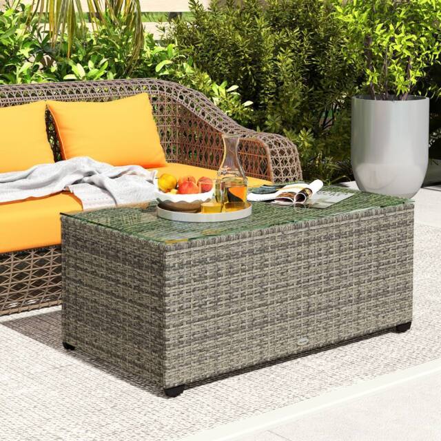 OUTSUNNY Outdoor Coffee Table, Glass Top Rattan Side Table, Dark Grey - image 1