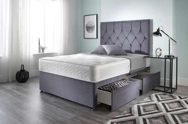 Somnior Ziggy Plush Velvet Memory Foam 4 Drawer Divan Bed with Upholstered Headboard in Charcoal - Size: Double - image 1