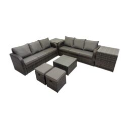 Fimous Rattan Garden Outdoor Furniture Set with 2 Side Tables 2 Small Stools in Dark Grey - thumbnail 2