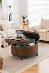 Living and Home Round PU Leather Upholstered Storage Ottoman in Brown - thumbnail 2