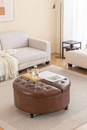 Living and Home Round PU Leather Upholstered Storage Ottoman in Brown - thumbnail 1