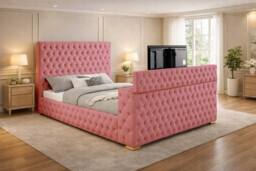 PARADISE BEDS LTD Mariana Chesterfield Upholstered TV Bed Frame With Gas Lift Storage in Dark Pink - Size: Double