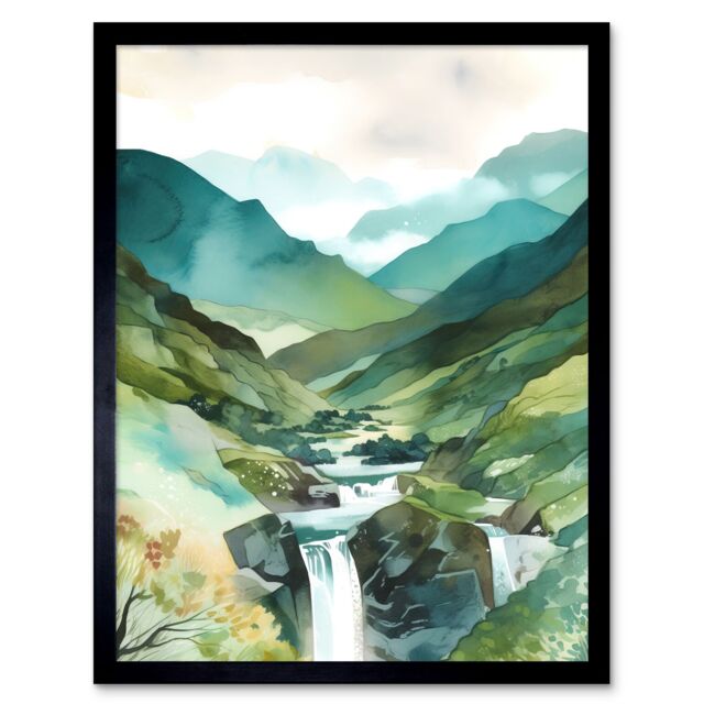 "Artery8 Wall Art Print River Cascades Waterfall in Misty Landscape Modern Watercolour Painting Art Framed in Black - Size: W12"" x H16""" - image 1