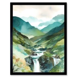 "Artery8 Wall Art Print River Cascades Waterfall in Misty Landscape Modern Watercolour Painting Art Framed in Black - Size: W12"" x H16""" - thumbnail 1