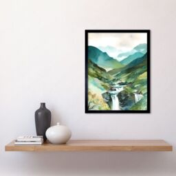 "Artery8 Wall Art Print River Cascades Waterfall in Misty Landscape Modern Watercolour Painting Art Framed in Black - Size: W12"" x H16""" - thumbnail 2