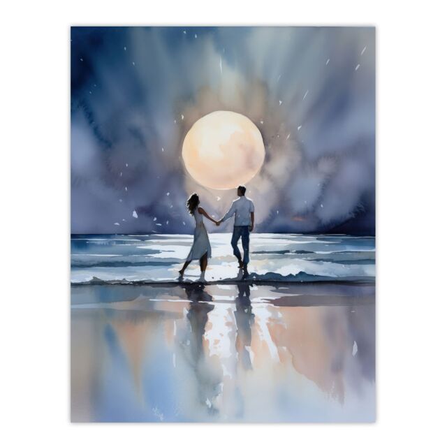 Artery8 Wall Art Print You Me & The Full Moon Watercolour Painting Orange Blue Couple Dancing Under A Full Moon In A Serene Coastal Landscape - image 1