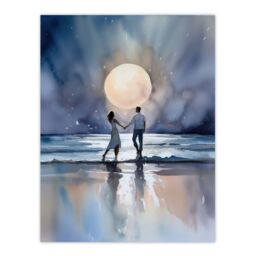 Artery8 Wall Art Print You Me & The Full Moon Watercolour Painting Orange Blue Couple Dancing Under A Full Moon In A Serene Coastal Landscape - thumbnail 1