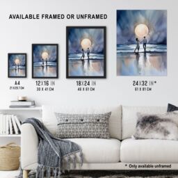 Artery8 Wall Art Print You Me & The Full Moon Watercolour Painting Orange Blue Couple Dancing Under A Full Moon In A Serene Coastal Landscape - thumbnail 3