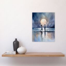 Artery8 Wall Art Print You Me & The Full Moon Watercolour Painting Orange Blue Couple Dancing Under A Full Moon In A Serene Coastal Landscape - thumbnail 4