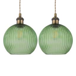 First Choice Lighting Set of 2 Betchley - Antique Brass Braided Pendants with Green Shade