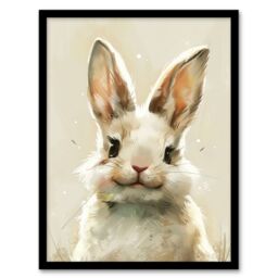 "Artery8 Happy Smiling Bunny Rabbit Cute Animal Portrait Framed Wall Art in Beige - Size: W12"" x H16""" - thumbnail 1