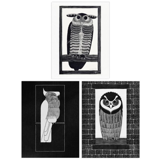 Wee Blue Coo Pack of 3 Julie de Graag Black & White Graphic Linocut Owl & Parrot Vintage Bird Unframed Wall Art Living Room Prints Set - image 1