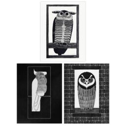 Wee Blue Coo Pack of 3 Julie de Graag Black & White Graphic Linocut Owl & Parrot Vintage Bird Unframed Wall Art Living Room Prints Set - thumbnail 1