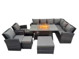 Fimous Rattan Corner Sofa Chair Set Gas Fire Pit Table with 3 Footstools in Dark Grey - thumbnail 2