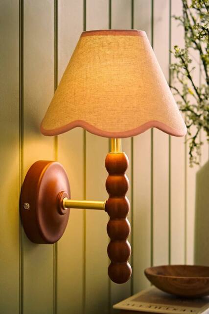 ValueLights Bobbins Walnut Bobble Wall Light & Linen Trim Lamp Shade & Bulb in Baby Pink - image 1