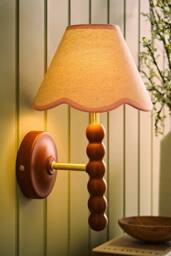 ValueLights Bobbins Walnut Bobble Wall Light & Linen Trim Lamp Shade & Bulb in Baby Pink - thumbnail 1