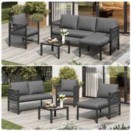 Merax 5 Seater Convertible Garden Lounge Sofa Set with Glass Coffee Table in Grey - thumbnail 2