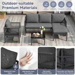 Merax 5 Seater Convertible Garden Lounge Sofa Set with Glass Coffee Table in Grey - thumbnail 5