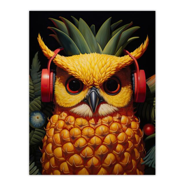 "Artery8 Wall Art Print Pineapple Owl Bold Vibrant Rich Red Gold & Green Artwork Kitchen Retro Interior Design Poster - Size: W12"" x H16""" - image 1