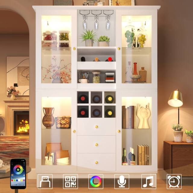 BTM Wine Cabinet LED Storage Drawers Glass Doors Wine Rack Holder in White - image 1