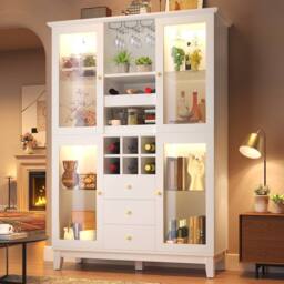 BTM Wine Cabinet LED Storage Drawers Glass Doors Wine Rack Holder in White - thumbnail 3