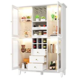 BTM Wine Cabinet LED Storage Drawers Glass Doors Wine Rack Holder in White - thumbnail 8