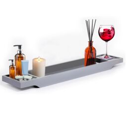 MANTRARAJ Bamboo Bath Caddy Tray Bridge Bath Tray Table Bathroom Shelf Organizer in Grey