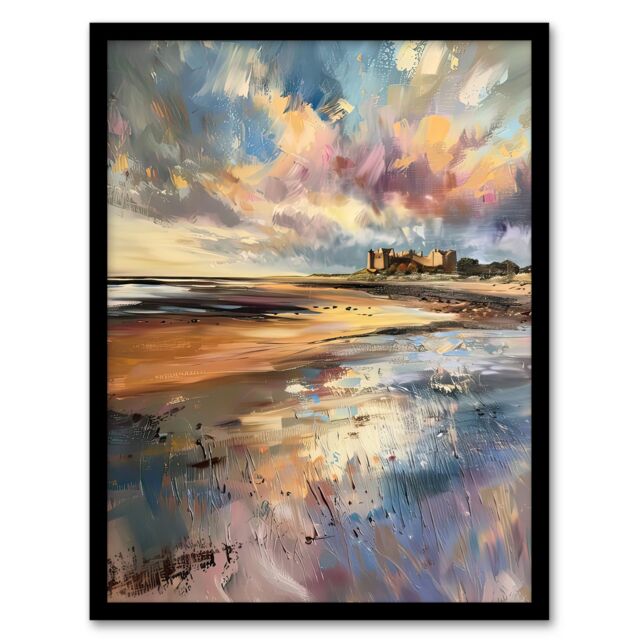 Artery8 Bamburgh Castle Colourful Acrylic Northumbria Framed Art Print - Size: A4 - image 1