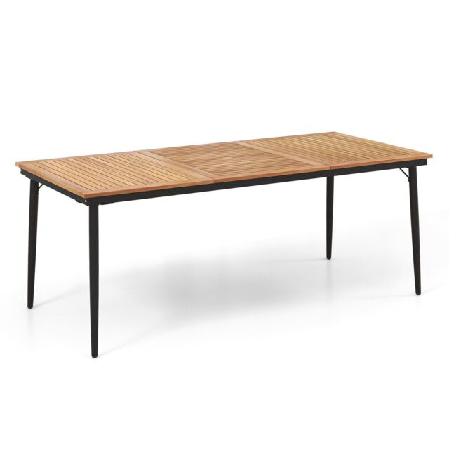 Gymax 8-Person Patio Table 200 x 90cm Dining Table With 5cm Umbrella Hole in Khaki - Size: 200 x 90 cm