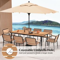 Gymax 8-Person Patio Table 200 x 90cm Dining Table With 5cm Umbrella Hole in Khaki - Size: 200 x 90 cm - thumbnail 7