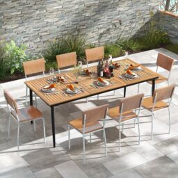 Gymax 8-Person Patio Table 200 x 90cm Dining Table With 5cm Umbrella Hole in Khaki - Size: 200 x 90 cm - thumbnail 3