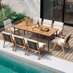 Gymax 8-Person Patio Table 200 x 90cm Dining Table With 5cm Umbrella Hole in Khaki - Size: 200 x 90 cm - thumbnail 4