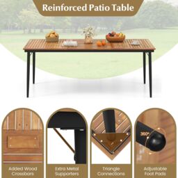 Gymax 8-Person Patio Table 200 x 90cm Dining Table With 5cm Umbrella Hole in Khaki - Size: 200 x 90 cm - thumbnail 8