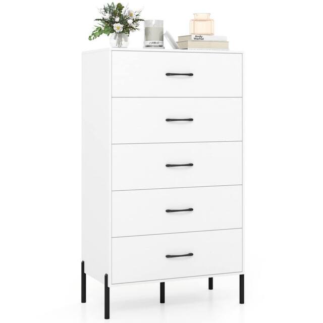 Gymax Modern Tall Chest of Drawers 5-Drawer Dresser Bedroom Organizer in White - image 1