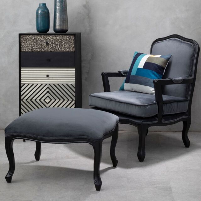 Orsina Modern Grey Velvet Chair & Footstool, Comfortable Chair & Footstool Set, Velvet Upholstered Chair - image 1