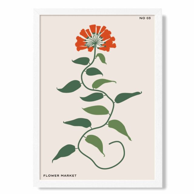 ARTZE Orange & Green Floral Flower Market Minimalist Framed Print SIZE: A2 with White Frame - Size: A4 - image 1
