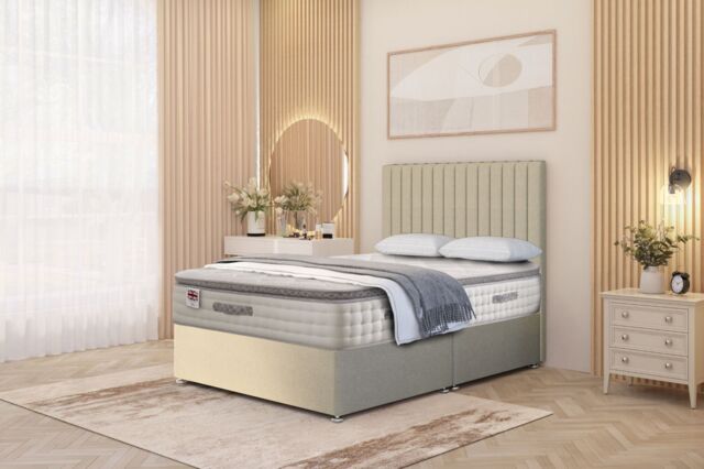 "Somnior Eleanor Linen Divan Bed Set with Pillowtop Mattress & 54"" Headboard in Beige - Size: Super King" - image 1