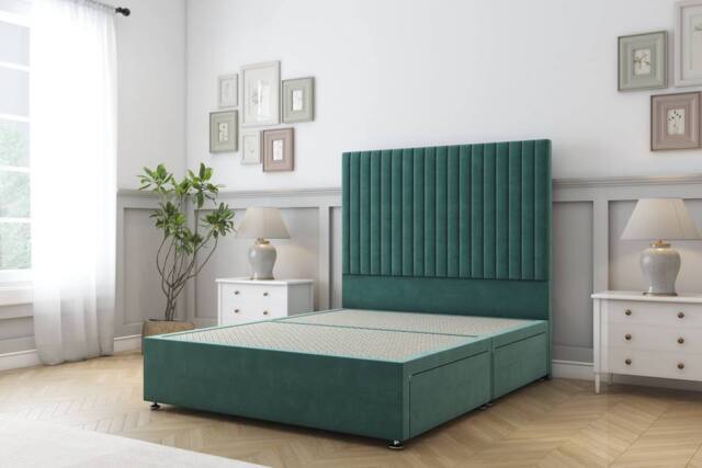 "Sloomy Manhattan Plush Divan Bed Base No Drawers With 26"" Strutted Headboard in Emerald - Size: Super King" - image 1