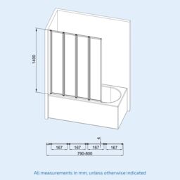 Nes Home 800 x 1400 mm 4 Fold Door Bath Shower Screen Chrome Frame in Metallic Silver - thumbnail 6
