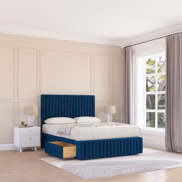 "Sloomy Madison Divan Bed Base 2 Drawers 12"" Footboard & 54"" Floor Standing Headboard in Navy - Size: Double" - image 1