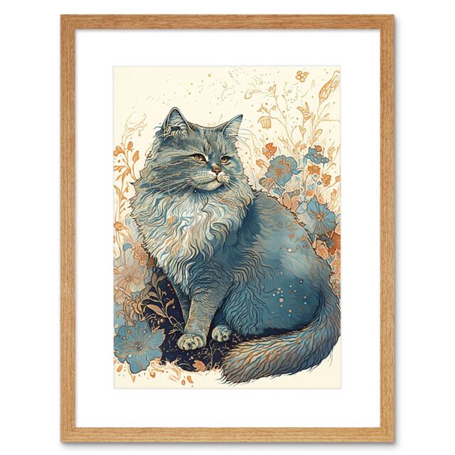 "Artery8 Wall Art Print Fluffy Cat in Wildflowers Teal & Orange Watercolour Artwork Framed 9X7 Inch in Beige - Size: W7"" x H9""" - image 1