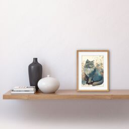 "Artery8 Wall Art Print Fluffy Cat in Wildflowers Teal & Orange Watercolour Artwork Framed 9X7 Inch in Beige - Size: W7"" x H9""" - thumbnail 2