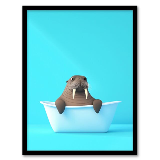 "Artery8 Cute Cartoon Walrus in Bathtub Bath Time Vibrant Framed Art Print in Blue - Size: W12"" x H16""" - image 1