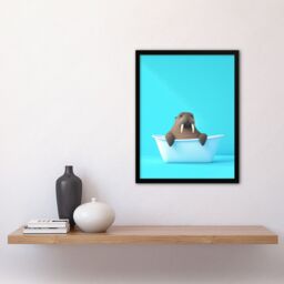 "Artery8 Cute Cartoon Walrus in Bathtub Bath Time Vibrant Framed Art Print in Blue - Size: W12"" x H16""" - thumbnail 4