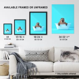 "Artery8 Cute Cartoon Walrus in Bathtub Bath Time Vibrant Framed Art Print in Blue - Size: W12"" x H16""" - thumbnail 3