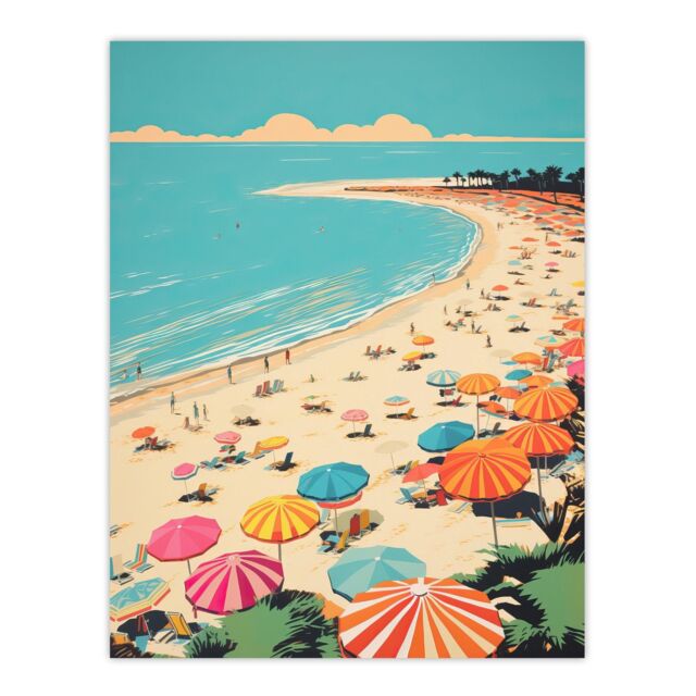 "Wee Blue Coo Wall Art Print Sun Sand Sea Cove Busy Beach Coastal Landscape Aqua Orange Pink Bright Painting Poster in Blue - Size: W18"" x H24""" - image 1