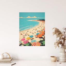 "Wee Blue Coo Wall Art Print Sun Sand Sea Cove Busy Beach Coastal Landscape Aqua Orange Pink Bright Painting Poster in Blue - Size: W18"" x H24""" - thumbnail 4